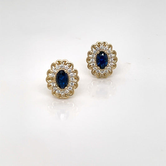 9ct Gold Created Sapphire & CZ Oval Halo Stud Earrings GES100