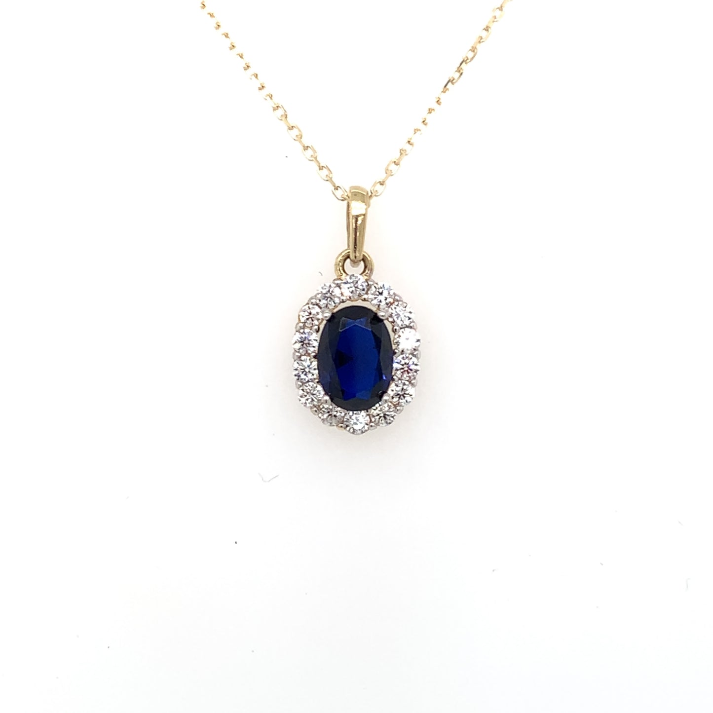 9ct Gold Synthetic Sapphire & CZ Oval Cluster Pendant GPS76