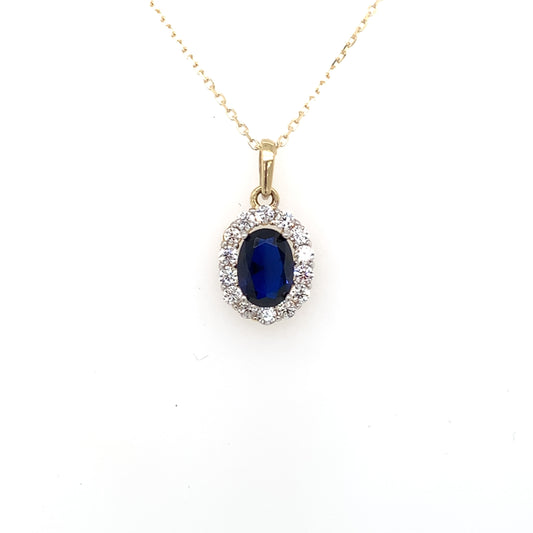 9ct Gold Synthetic Sapphire & CZ Oval Cluster Pendant GPS76