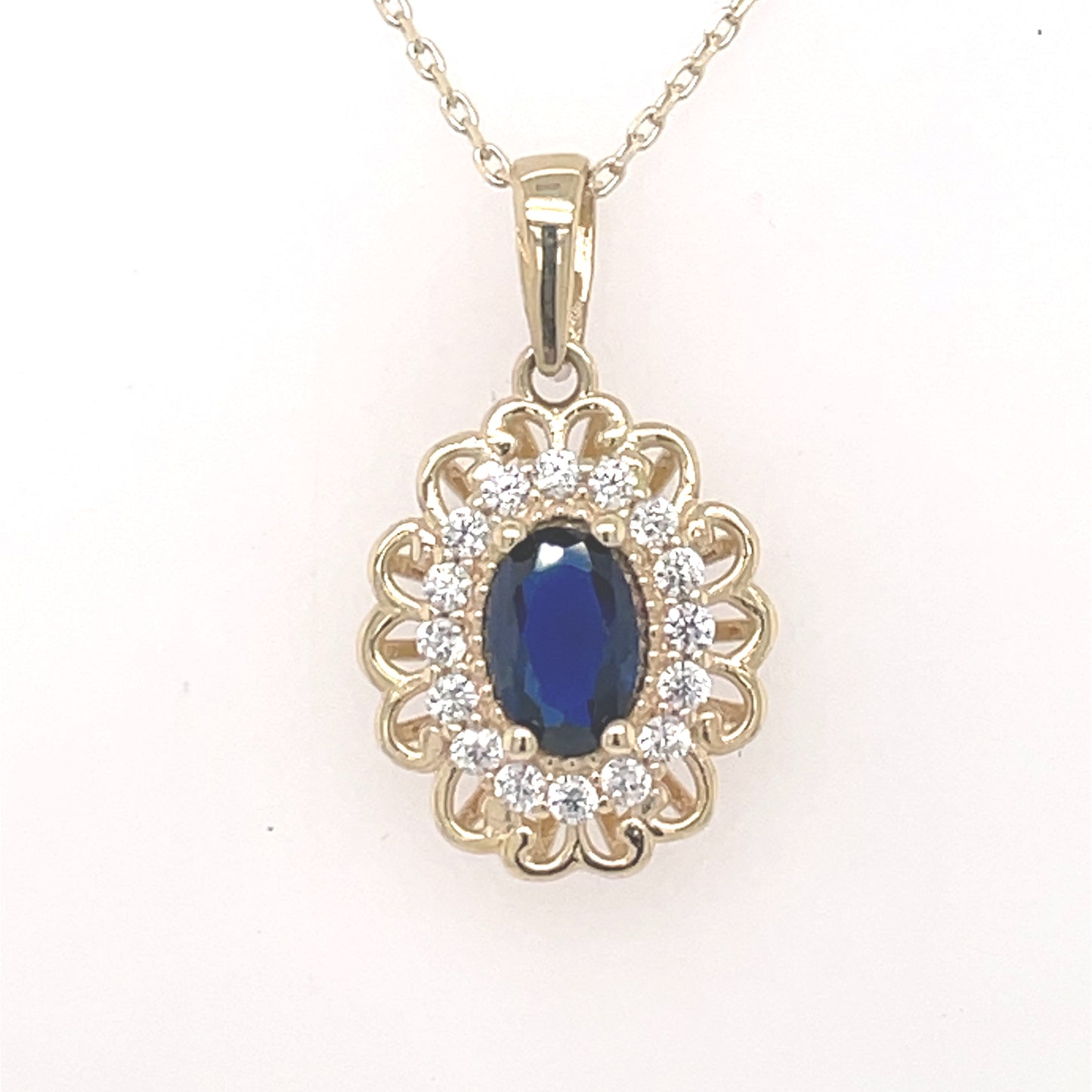 9ct Gold Created Sapphire & CZ Oval Halo Pendant GPS82