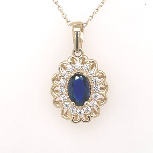 9ct Gold Created Sapphire & CZ Oval Halo Pendant GPS82