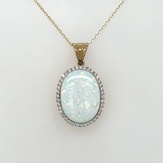 9ct  Gold  Created Opal & CZ Oval Halo Pendant GPL59