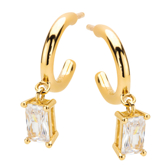 9ct Gold CZ Baguette Drop Hoop Earrings GEZ674