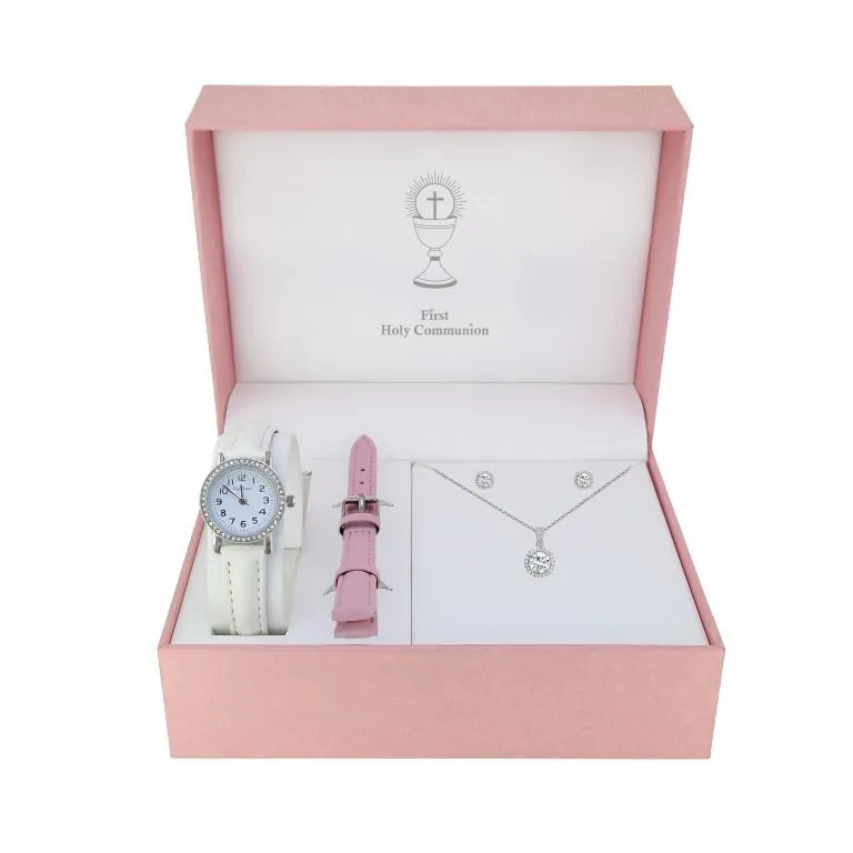 Girls Communion Watch, Silver CZ Pendant  & Earring Gift Set GCS2008