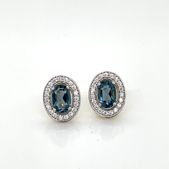 9ct Gold Syn Sapphire & CZ Oval Halo Stud Earrings GES096
