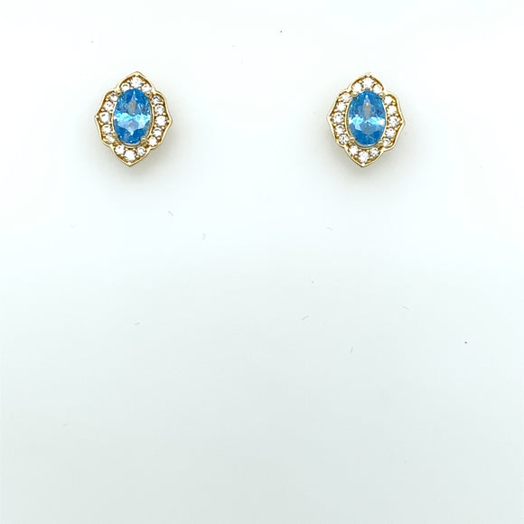 9ct Gold Blue Topaz/CZ Vintage Cluster Stud Earrings GEX147