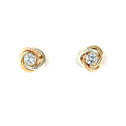 9ct Gold CZ Three Colour Knot Stud Earrings GEZ806