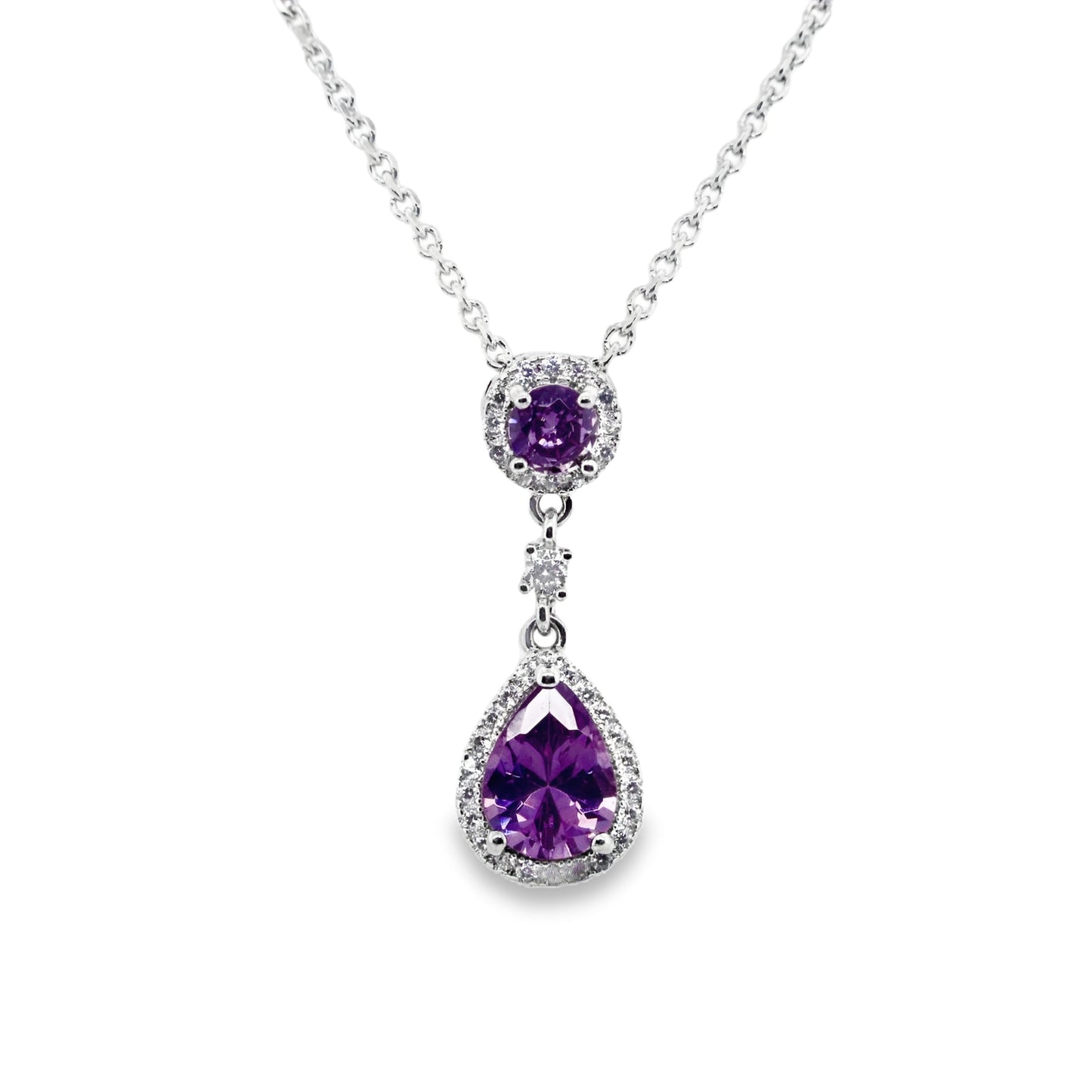 Sterling Silver Amethyst CZ Halo Teardrop Pendant & Earring Set GL1055SET