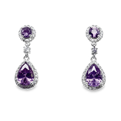 Sterling Silver Amethyst CZ Halo Teardrop Pendant & Earring Set GL1055SET