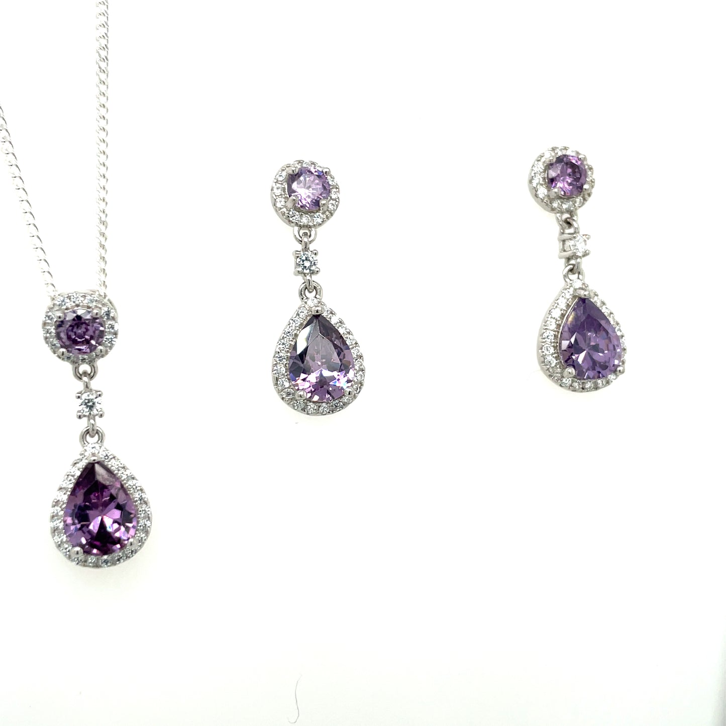 Sterling Silver Amethyst CZ Halo Teardrop Pendant & Earring Set GL1055SET