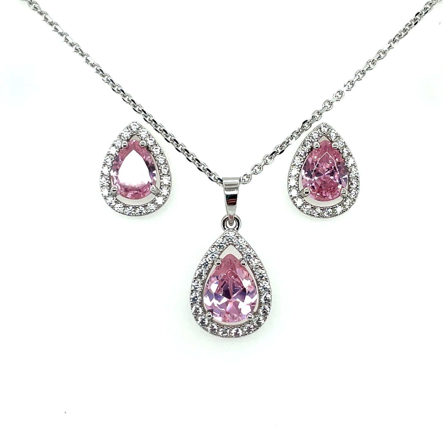 Sterling Silver Pink CZ Teardrop Halo Pendant & Earring Set GL1173PK
