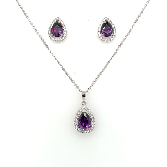 Sterling Silver Amethyst CZ Teardrop Halo Pendant & Earring Set GL1173AM