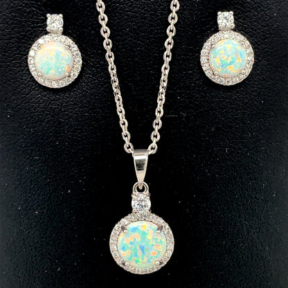 Sterling Silver Opal CZ Halo Pendant & Earring Set GL1176