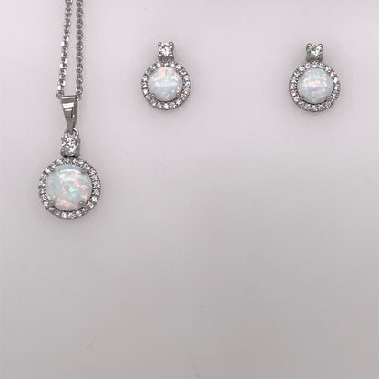 Sterling Silver Opal CZ Halo Pendant & Earring Set GL1176