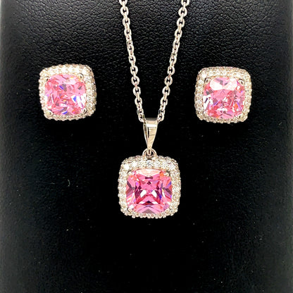 Sterling Silver Pink CZ Cushion Halo Pendant & Earring Set GL1307