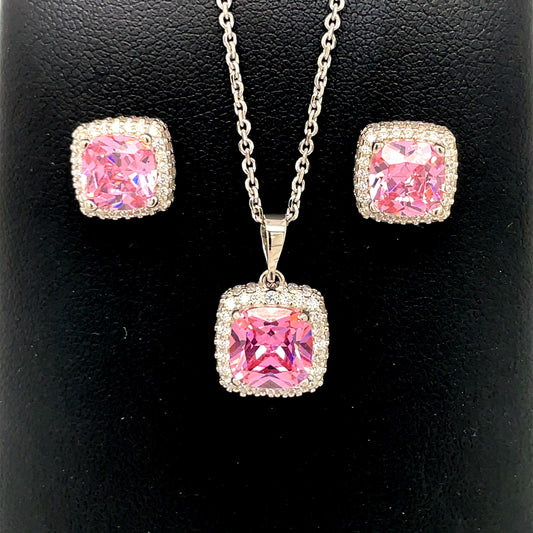 Sterling Silver Pink CZ Cushion Halo Pendant & Earring Set GL1307