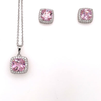 Sterling Silver Pink CZ Cushion Halo Pendant & Earring Set GL1307