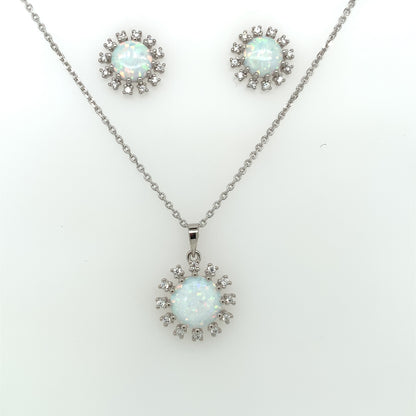 Sterling Silver Opal CZ Sunburst Pendant & Earring Set GL1747