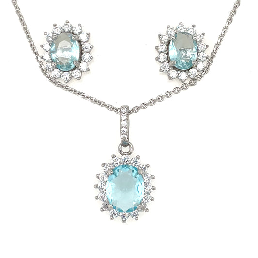 Sterling Silver Aqua CZ Oval Cluster Pendant & Earring Set GL1753