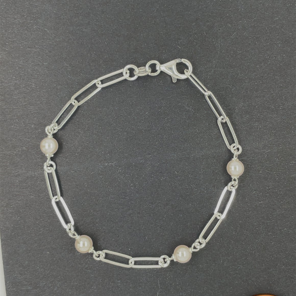 Silver Oblong Link & Pearl Bracelet GL1832