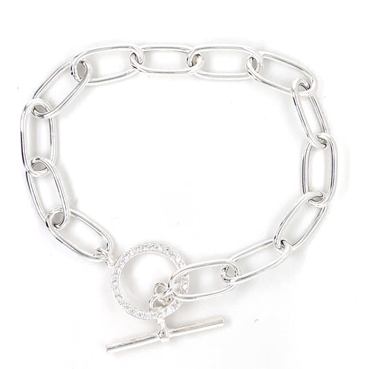 Silver Oval T-Bar Bracelet with CZ Circle GL1837