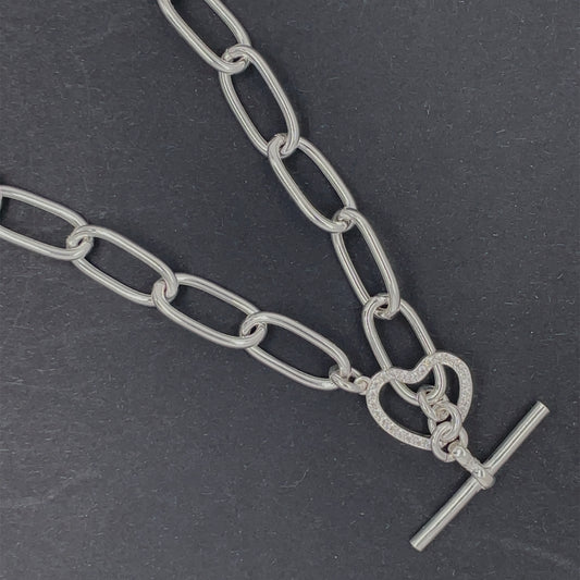 Silver Large Oblong Link CZ Heart T-Bar Necklet GL1838