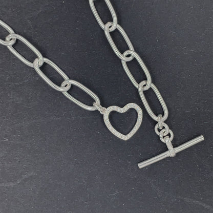 Silver Large Oblong Link CZ Heart T-Bar Necklet GL1838