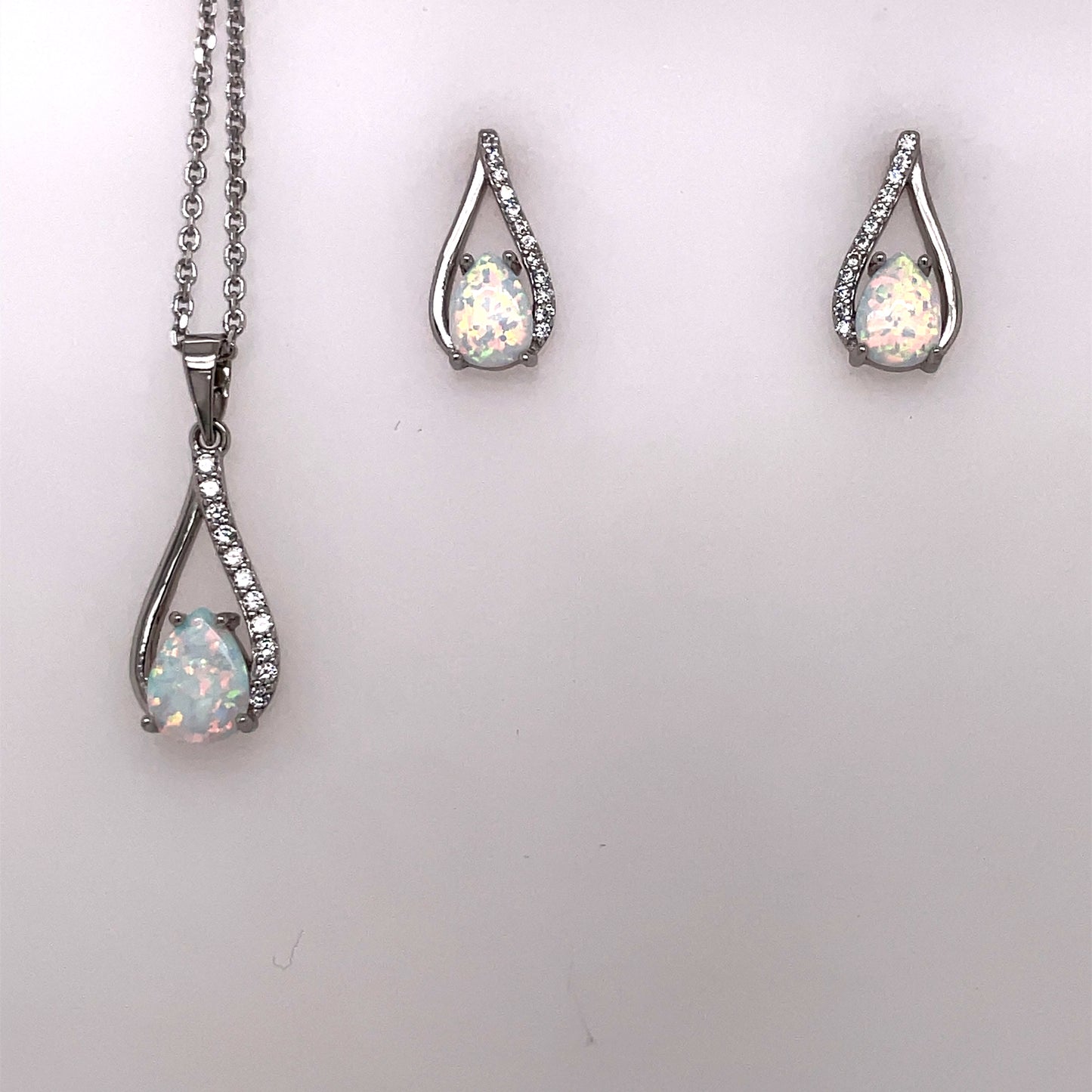 Sterling Silver Opal CZ Teardrop Pendant & Earring Set GL1890