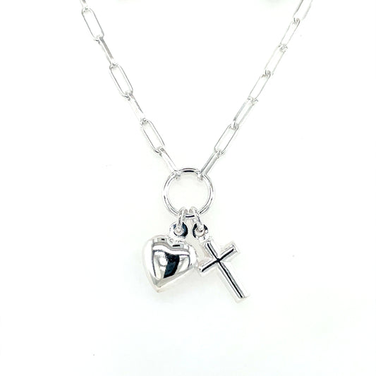 Sterling Silver Heart & Cross Paperlink Necklet GL1986