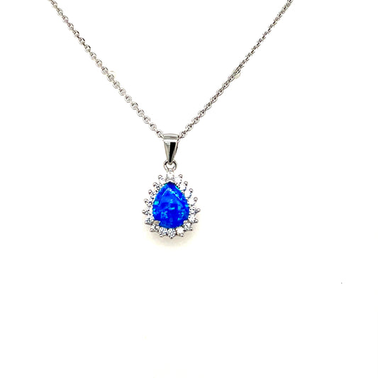Sterling Silver Blue Opal CZ Teardrop Pendant & Earring Set GL2011