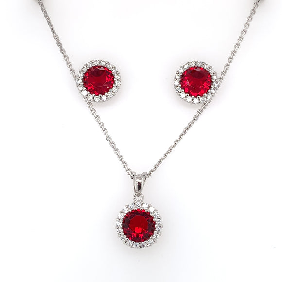 Sterling Silver Red CZ Round Halo Pendant & Earring Set