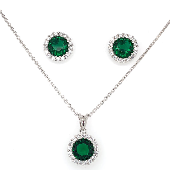 Sterling Silver Emerald CZ Round Halo Pendant & Earring Set