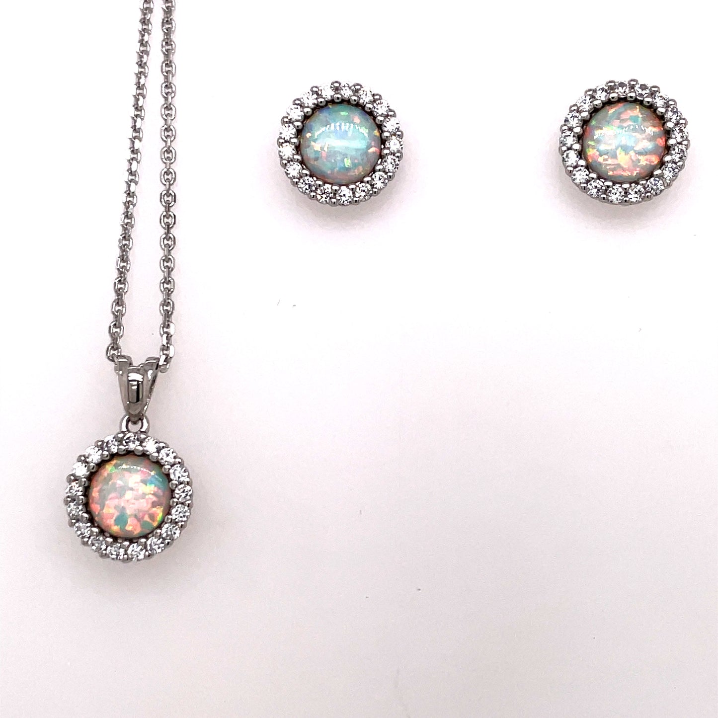 Sterling Silver Opal CZ Round Halo Pendant & Earring Set GL701OP