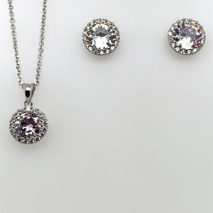 Sterling Silver CZ Round Halo Pendant & Earring Set GL701