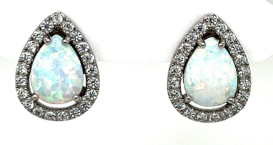 Sterling Silver Opal CZ Teardrop Stud Earrings GL847E