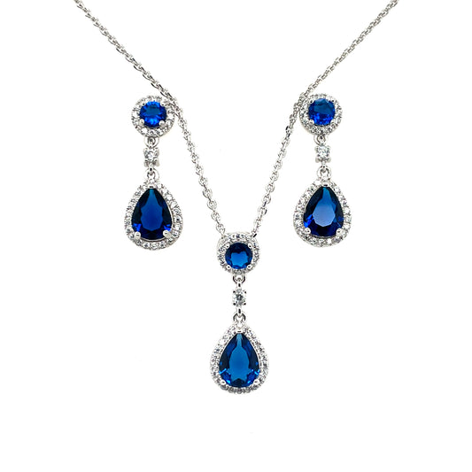 Silver Sapphire CZ Teardrop Halo Pendant & Earring Set GL901SET
