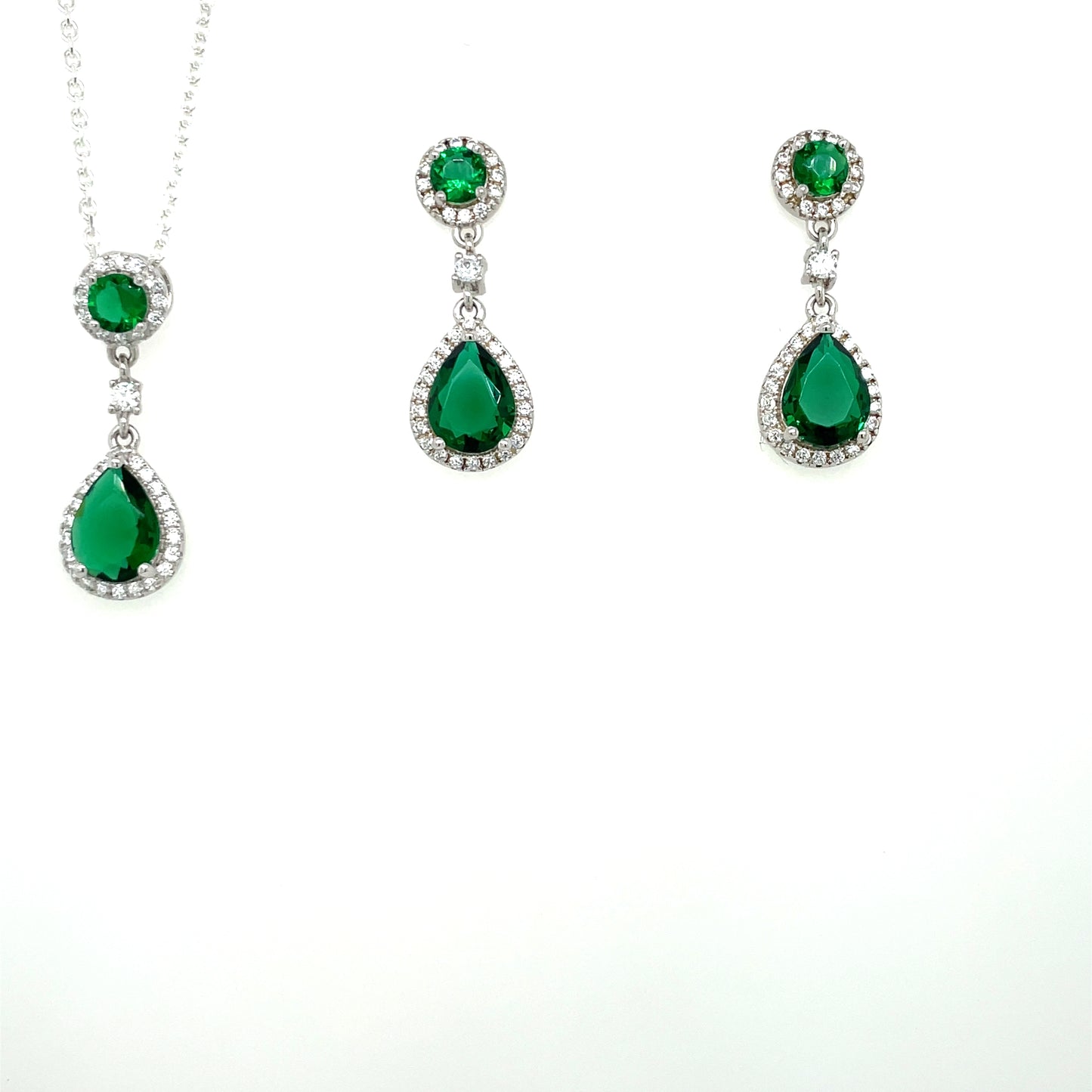 Sterling Silver Emerald CZ Halo Teardrop Pendant & Earring Set GL902SET