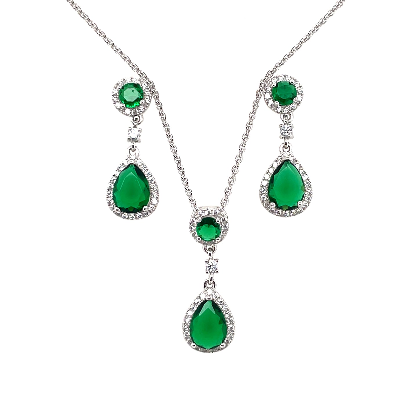 Sterling Silver Emerald CZ Halo Teardrop Pendant & Earring Set GL902SET