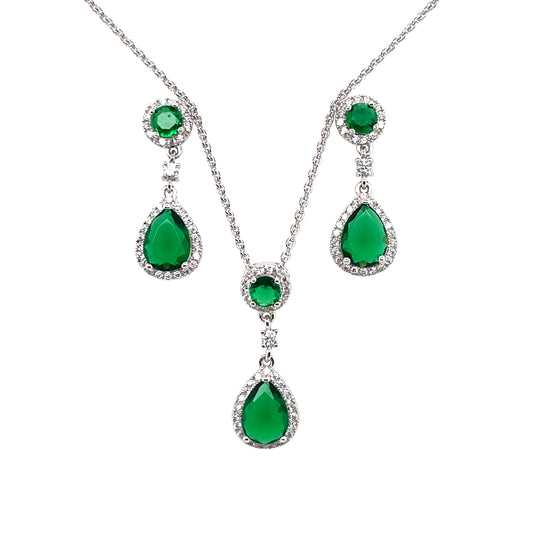 Sterling Silver Emerald CZ Halo Teardrop Pendant & Earring Set GL902SET