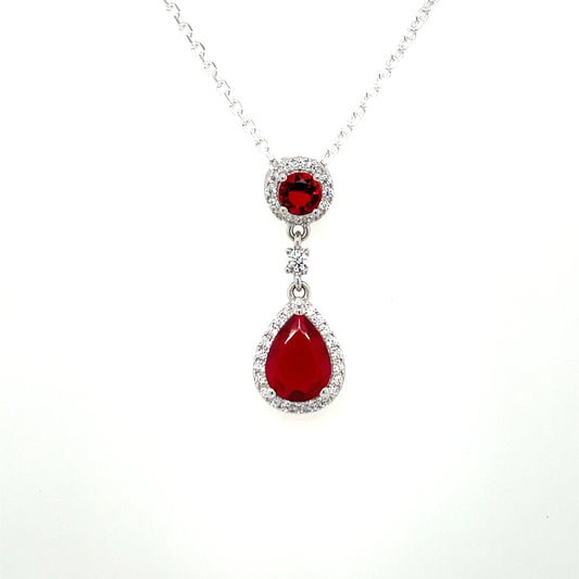 Sterling Silver Ruby CZ Halo Teardrop Pendant GL903CO