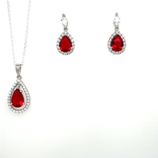 Sterling Silver Ruby CZ Marquise Halo Teardrop Pendant & Earring Set GL980SET