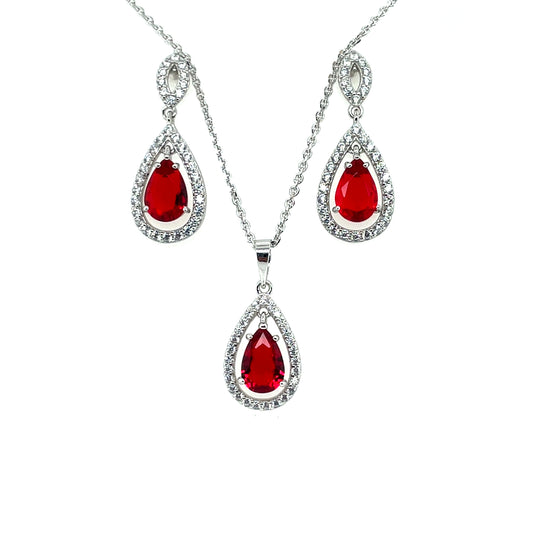 Sterling Silver Ruby CZ Marquise Halo Teardrop Pendant & Earring Set GL980SET