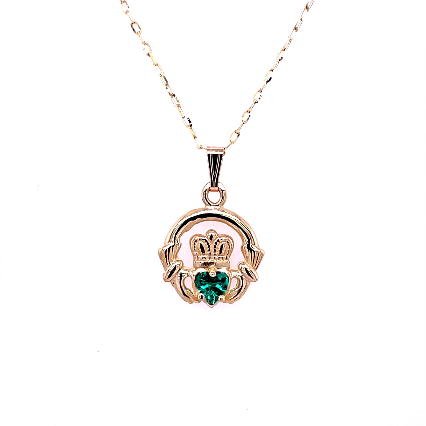 9ct Gold Green CZ Claddagh Birthstone Pendant 16mm GPE46