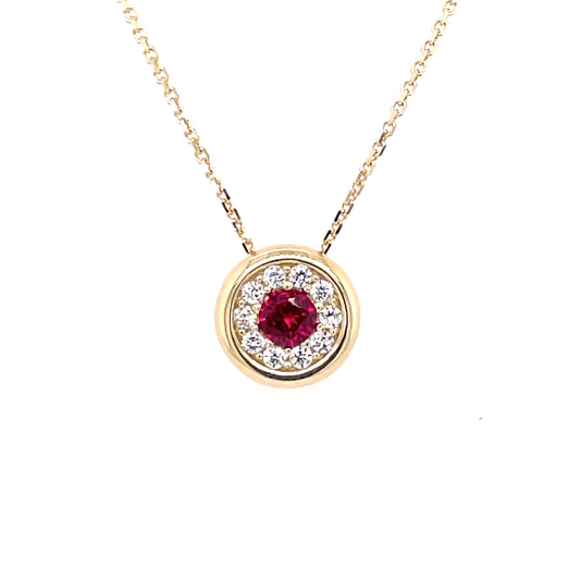 9ct Gold 7mm Ruby CZ Round Halo Pendant GPR45