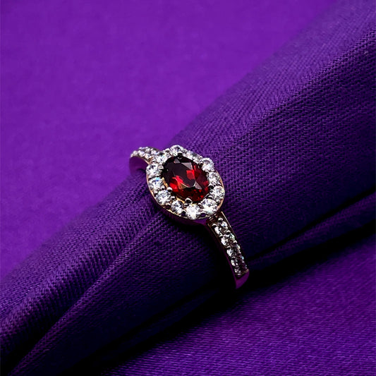 9ct  Gold Garnet & CZ Oval Halo Ring GRX112