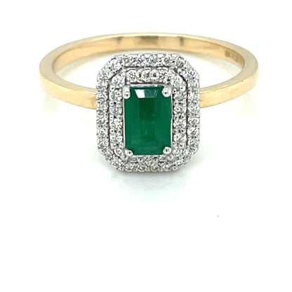 9ct Gold Emerald & Diamond 0.20ct Rectangular Double Halo Ring GRE126