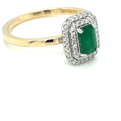 9ct Gold Emerald & Diamond 0.20ct Rectangular Double Halo Ring GRE126