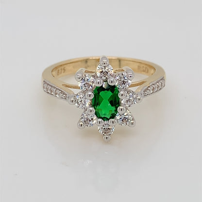 9ct Gold Syn Emerald & CZ Cluster/CZ Shoulder Ring GRE116