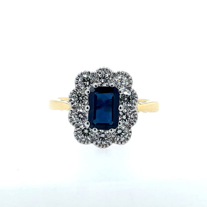 18ct Gold Sapphire & Diamond 0.75ct Rectangular Cluster Ring GRS243