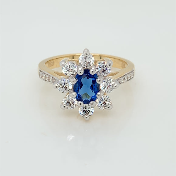 9ct Gold Syn Sapphire & CZ Cluster/CZ Shoulder Ring GRS226